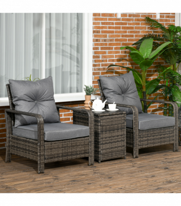 3 Piece PE Rattan Garden Sofa Set w/ 2 Chairs & Storage Table Grey Outsunny