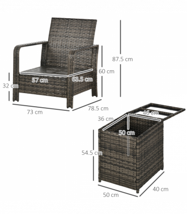 3 Piece PE Rattan Garden Sofa Set w/ 2 Chairs & Storage Table Grey Outsunny