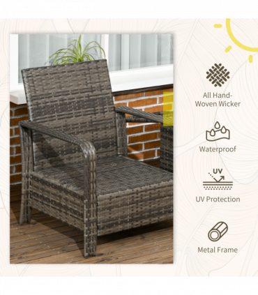 3 Piece PE Rattan Garden Sofa Set w/ 2 Chairs & Storage Table Grey Outsunny