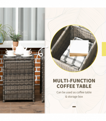 3 Piece PE Rattan Garden Sofa Set w/ 2 Chairs & Storage Table Grey Outsunny