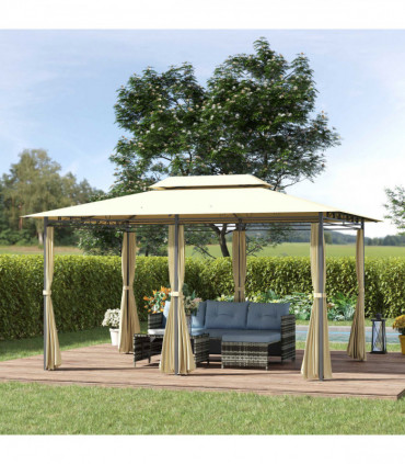 Outdoor 2-Tier Steel Frame Gazebo Beige 398(L)*298(W)*265(H)cm Curtains Included