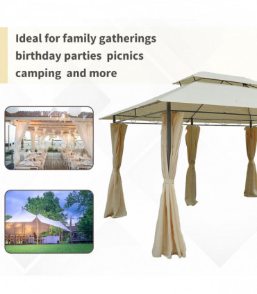 Outdoor 2-Tier Steel Frame Gazebo Beige 398(L)*298(W)*265(H)cm Curtains Included