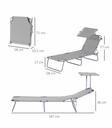 Folding Chair Sun Lounger w/ Sunshade Garden Recliner Hammock Grey