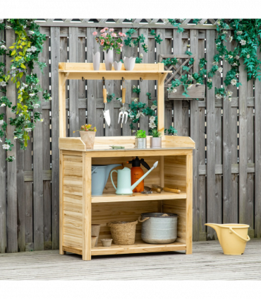 Garden Potting Bench Table Workstation w/ Galvanized Tabletop, Storage Shelves