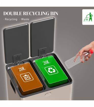 HOMCOM 2 x 20L Dual Kitchen Bin Pedal Bin for Recycling and Waste, Gold Tone
