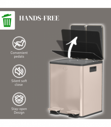 HOMCOM 2 x 20L Dual Kitchen Bin Pedal Bin for Recycling and Waste, Gold Tone