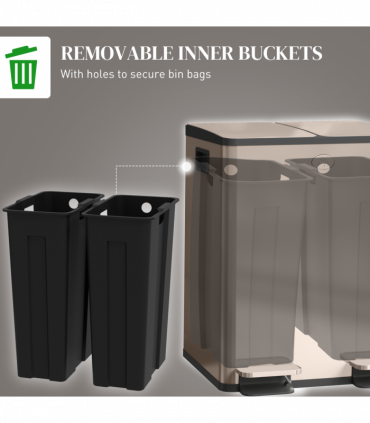 HOMCOM 2 x 20L Dual Kitchen Bin Pedal Bin for Recycling and Waste, Gold Tone