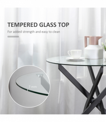 Side Table Black Glass Metal 80x80x75cm 0.7cm 5kg Clear Glass Top Modern