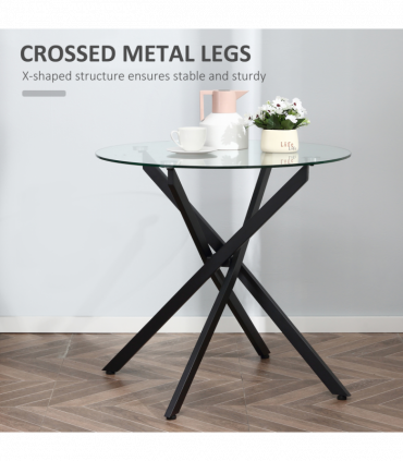 Side Table Black Glass Metal 80x80x75cm 0.7cm 5kg Clear Glass Top Modern