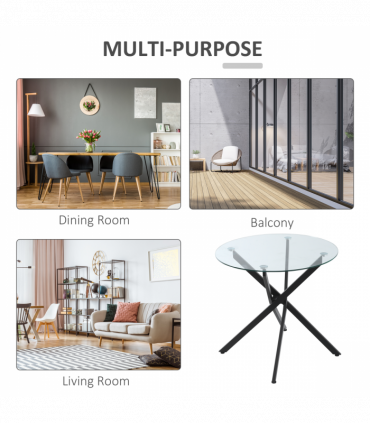 Side Table Black Glass Metal 80x80x75cm 0.7cm 5kg Clear Glass Top Modern