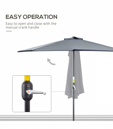 Half Round Umbrella Outdoor Balcony Parasol Wall Sun Shade 5 Ribs Grey, 2.7m