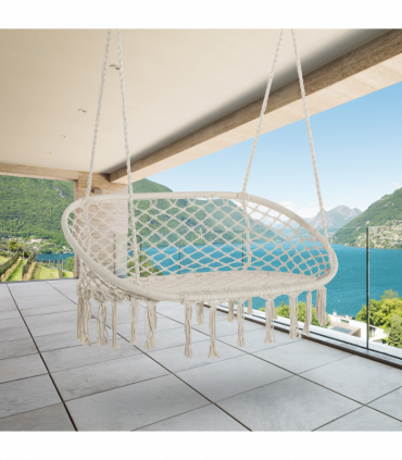 Hanging Hammock Chair Cotton Rope Swing & Metal Frame Large Macrame, Cream White