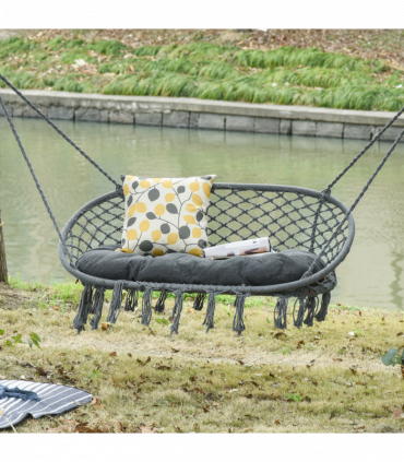 Hanging Hammock Chair Cotton Rope Swing & Metal Frame Large Macrame, Dark Grey