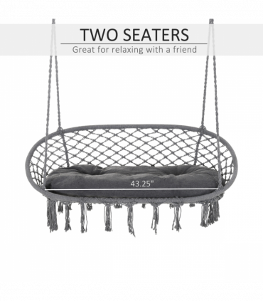 Hanging Hammock Chair Cotton Rope Swing & Metal Frame Large Macrame, Dark Grey