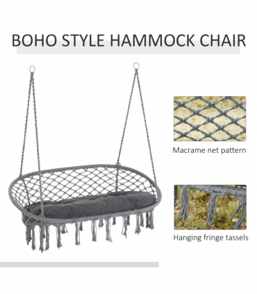 Hanging Hammock Chair Cotton Rope Swing & Metal Frame Large Macrame, Dark Grey