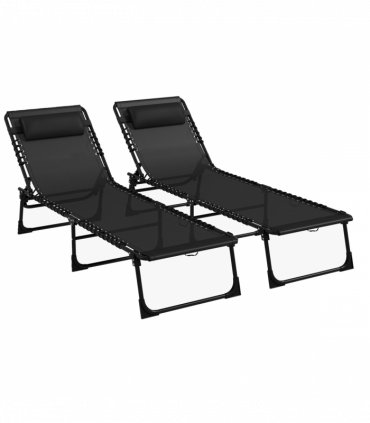 Outsunny 2 Pcs Folding Beach Chair Chaise Lounge 4 Adjustable Positions, Black