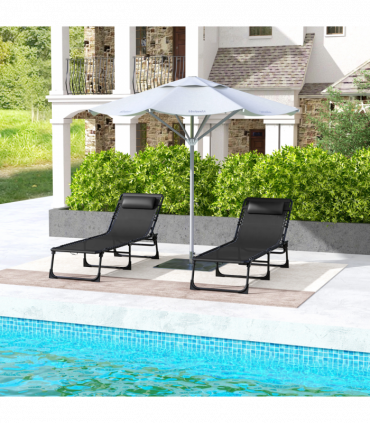 Outsunny 2 Pcs Folding Beach Chair Chaise Lounge 4 Adjustable Positions, Black