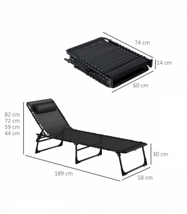 Outsunny 2 Pcs Folding Beach Chair Chaise Lounge 4 Adjustable Positions, Black