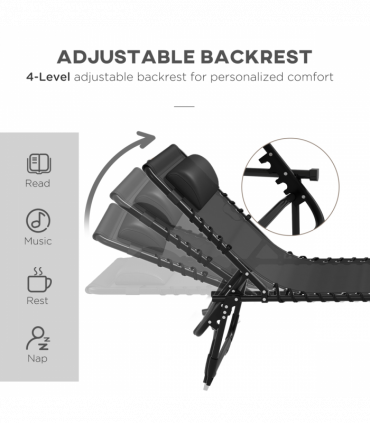 Outsunny 2 Pcs Folding Beach Chair Chaise Lounge 4 Adjustable Positions, Black