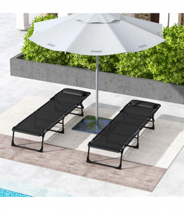 Outsunny 2 Pcs Folding Beach Chair Chaise Lounge 4 Adjustable Positions, Black