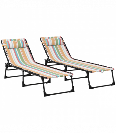 Outsunny 2 Pcs Folding Beach Chair Chaise Lounge 4 Adjustable Positions, Multi