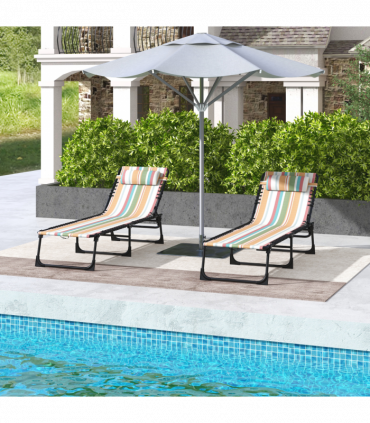 Outsunny 2 Pcs Folding Beach Chair Chaise Lounge 4 Adjustable Positions, Multi