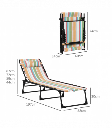 Outsunny 2 Pcs Folding Beach Chair Chaise Lounge 4 Adjustable Positions, Multi
