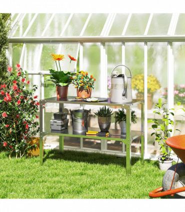 Outsunny 2 Tier Potting Bench Table, Galvanised Work Bench, Silver Tone