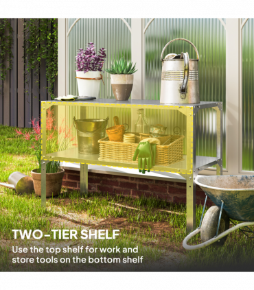 Outsunny 2 Tier Potting Bench Table, Galvanised Work Bench, Silver Tone