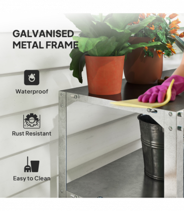 Outsunny 2 Tier Potting Bench Table, Galvanised Work Bench, Silver Tone