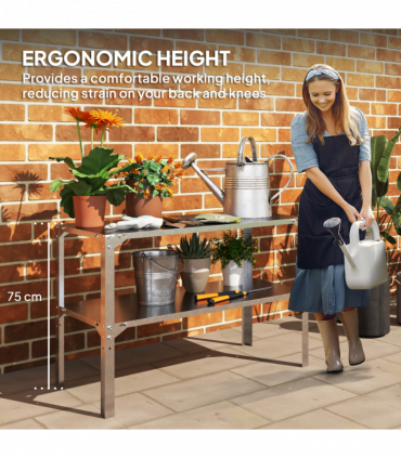 Outsunny 2 Tier Potting Bench Table, Galvanised Work Bench, Silver Tone