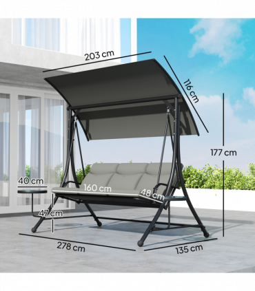 Outsunny 3 Seat Garden Swing Chair Steel w/ Adjustable Canopy and Coffee Tables