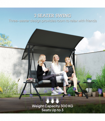 Outsunny 3 Seat Garden Swing Chair Steel w/ Adjustable Canopy and Coffee Tables
