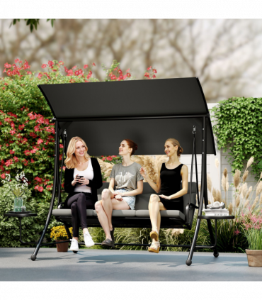 Outsunny 3 Seat Garden Swing Chair Steel w/ Adjustable Canopy and Coffee Tables