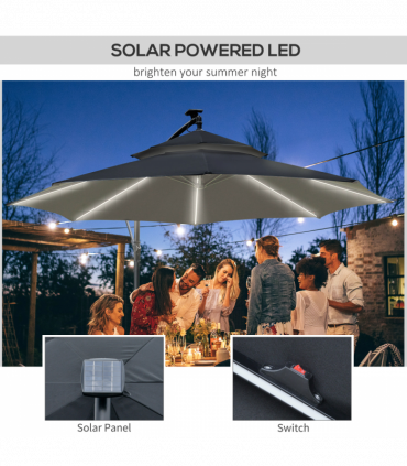 Outsunny 3(m) Cantilever Parasol Hanging Banana Umbrella w/ lights, Black