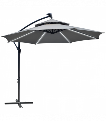 Outsunny 3(m) Cantilever Parasol Hanging Banana Umbrella w/ lights, Light Grey