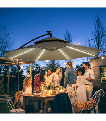 Outsunny 3(m) Cantilever Parasol Hanging Banana Umbrella w/ lights, Light Grey