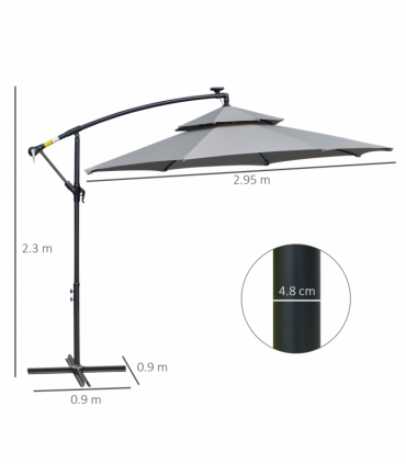 Outsunny 3(m) Cantilever Parasol Hanging Banana Umbrella w/ lights, Light Grey