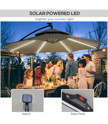 Outsunny 3(m) Cantilever Parasol Hanging Banana Umbrella w/ lights, Light Grey