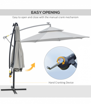 Outsunny 3(m) Cantilever Parasol Hanging Banana Umbrella w/ lights, Light Grey