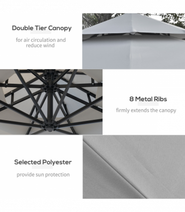 Outsunny 3(m) Cantilever Parasol Hanging Banana Umbrella w/ lights, Light Grey