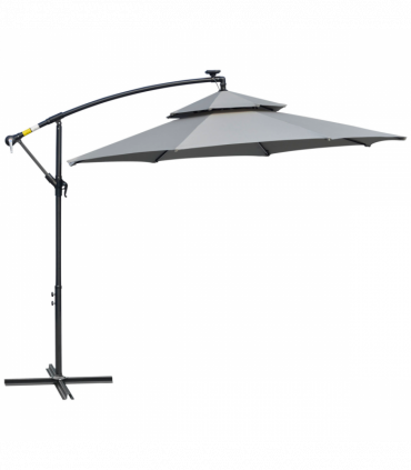 Outsunny 3(m) Cantilever Parasol Hanging Banana Umbrella w/ lights, Light Grey