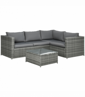 Outsunny 3Pcs Rattan Corner Sofa Set Coffee Table Garden Furniture w/ Cushion