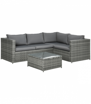 Outsunny 3Pcs Rattan Corner Sofa Set Coffee Table Garden Furniture w/ Cushion