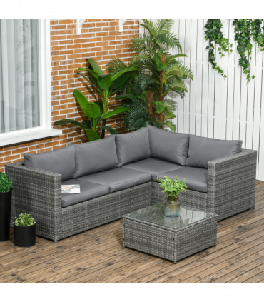 Outsunny 3Pcs Rattan Corner Sofa Set Coffee Table Garden Furniture w/ Cushion