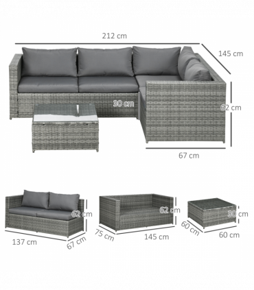 Outsunny 3Pcs Rattan Corner Sofa Set Coffee Table Garden Furniture w/ Cushion