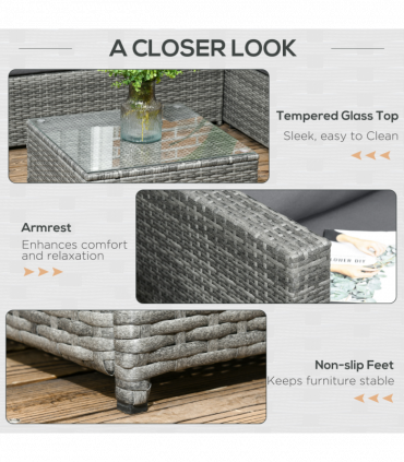 Outsunny 3Pcs Rattan Corner Sofa Set Coffee Table Garden Furniture w/ Cushion