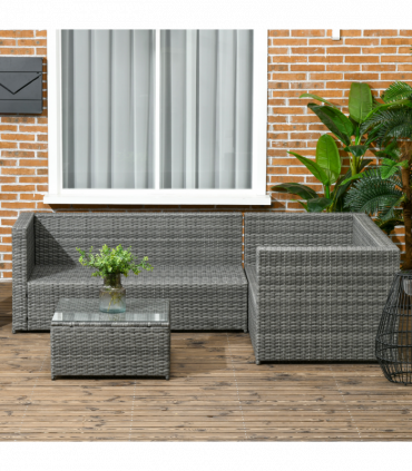 Outsunny 3Pcs Rattan Corner Sofa Set Coffee Table Garden Furniture w/ Cushion