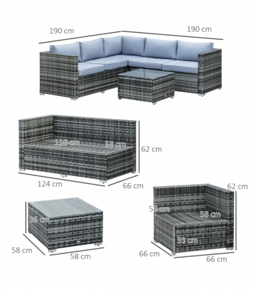 Outsunny 4 Pieces Rattan Furniture Sofa Set Chair w/ Corner Sofa Loveseat Grey