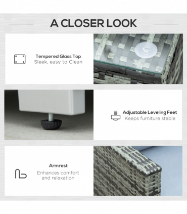 Outsunny 4 Pieces Rattan Furniture Sofa Set Chair w/ Corner Sofa Loveseat Grey